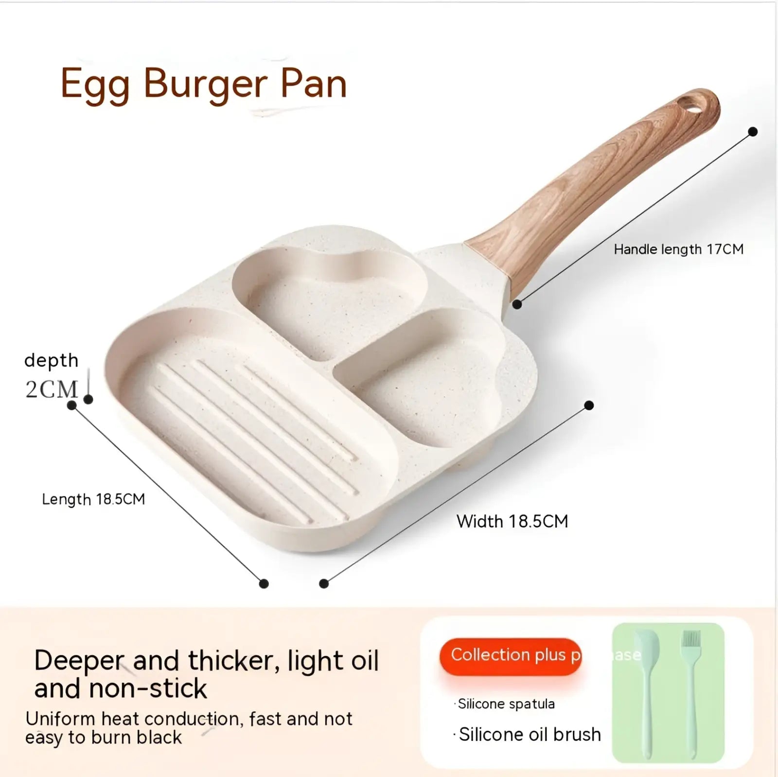 Beige nonstick four hole egg frying pan with wooden handle and three compartments for cooking burgers and eggs