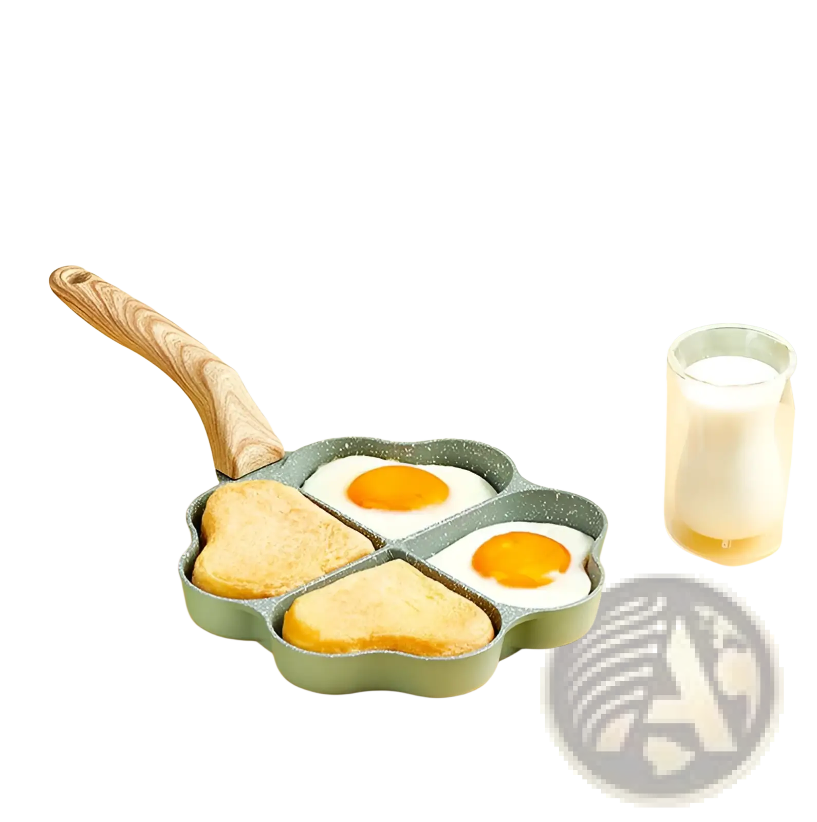 Light green speckled nonstick four hole egg frying pan with wood handle shaped like a clover for cooking eggs and toast