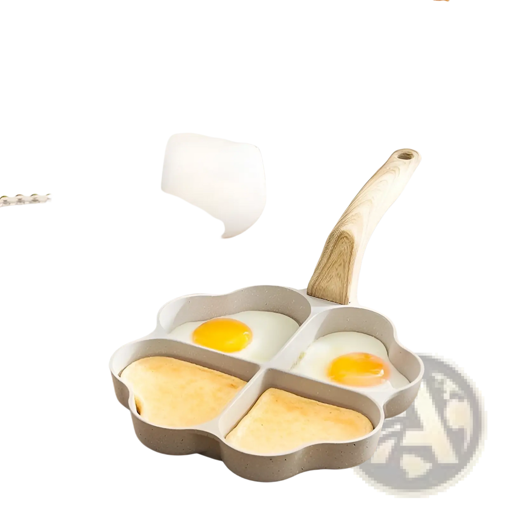 Gray speckled nonstick four hole egg frying pan with wood handle designed for easy egg cooking