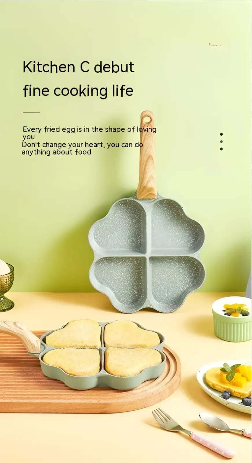 Gray speckled nonstick four leaf clover shaped egg frying pan with wooden handle for cooking four holes