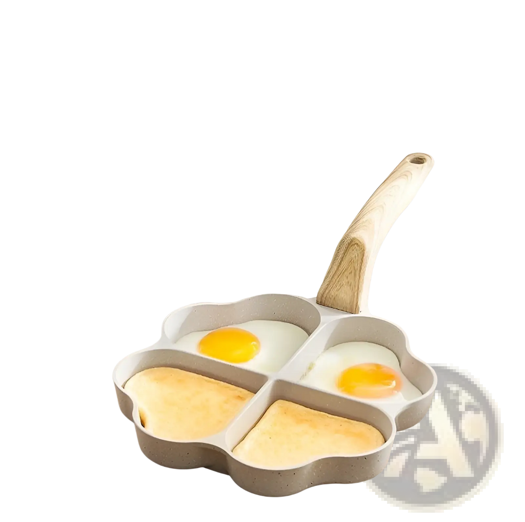 Gray nonstick four hole egg frying pan with wood handle featuring flower shape and compartments for eggs and toast