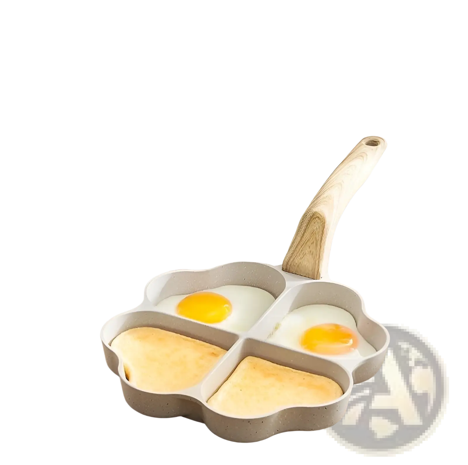 Gray nonstick four hole egg frying pan with wood handle featuring flower shape and compartments for eggs and toast