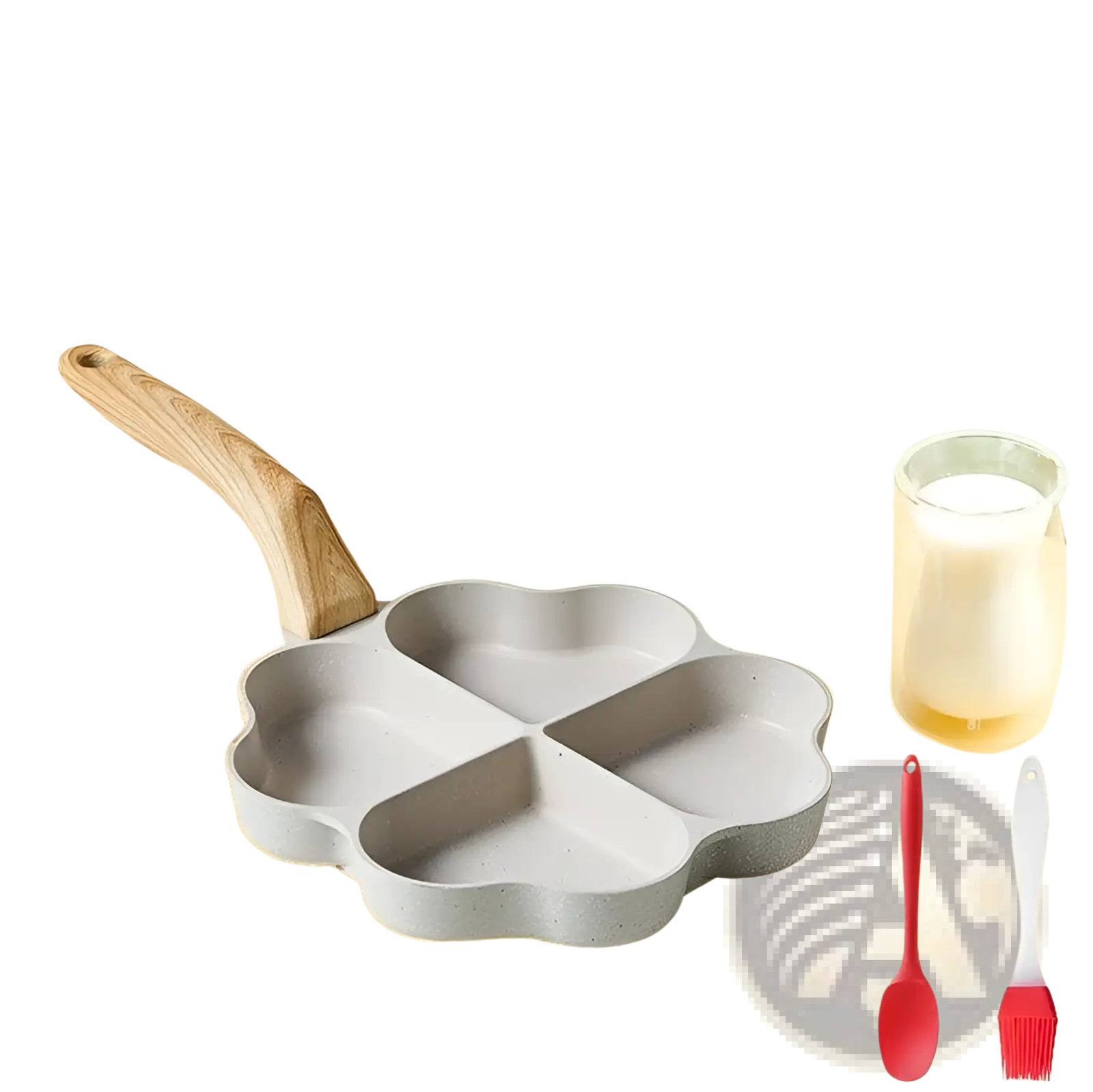 Gray speckled nonstick four leaf clover frying pan with wooden handle for cooking eggs and other foods