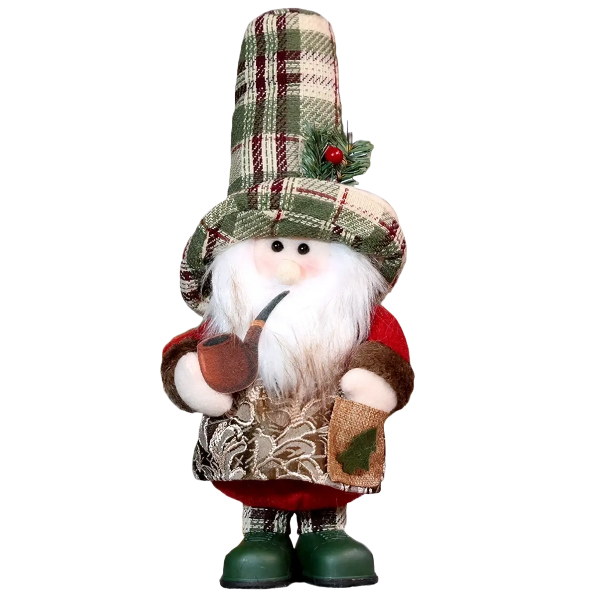 Nordic Christmas gnome plush figurine with green beige plaid hat white beard red coat brown pipe and green boots
