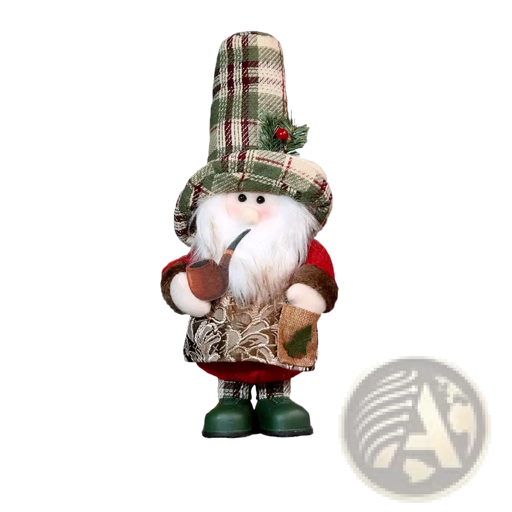 A 40cm tall nordic christmas gnome plush figurine with green beige plaid hat holly red coat white beard and pipe