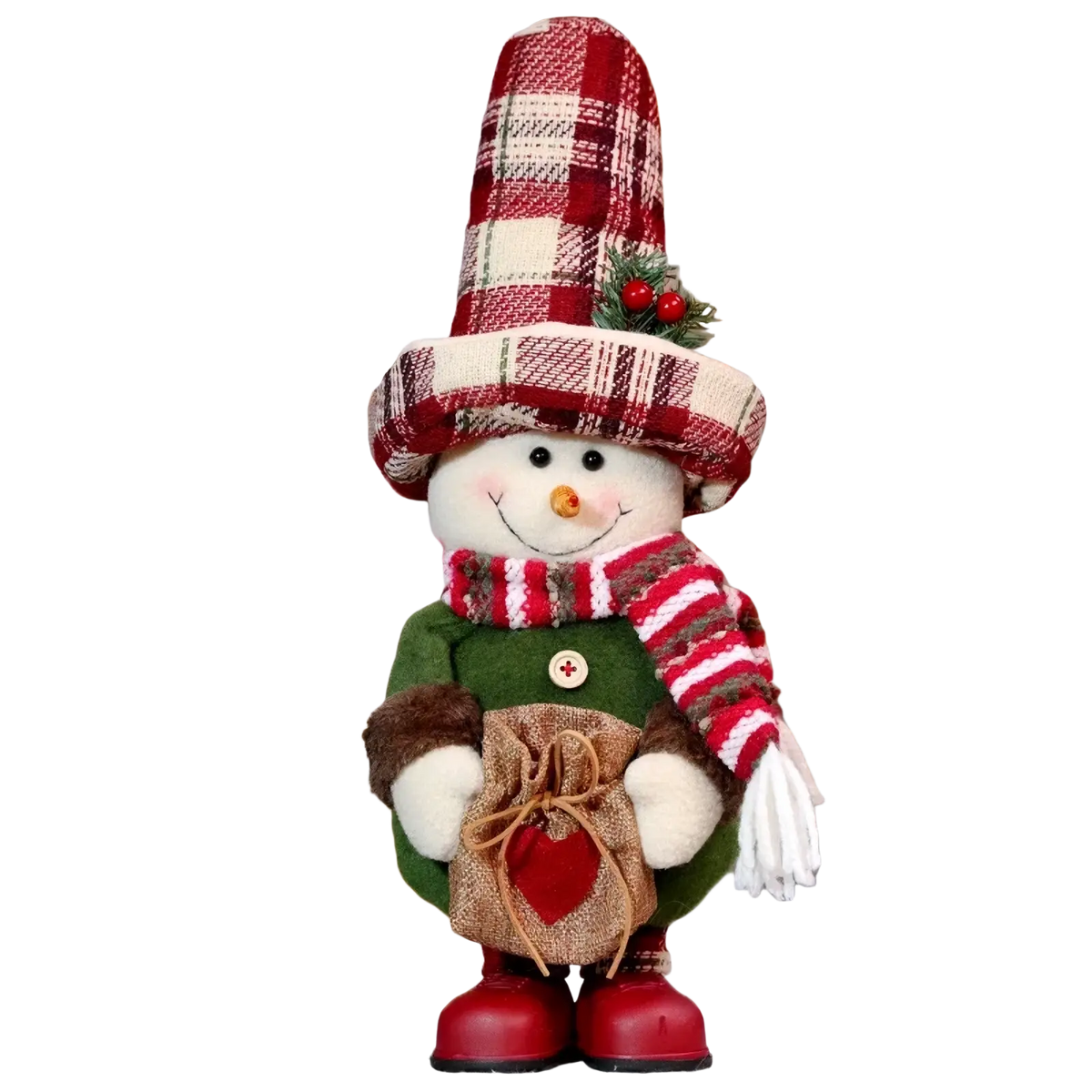 A festive nordic christmas gnome plush figurine dressed in green coat red beige plaid hat and holding a burlap sack