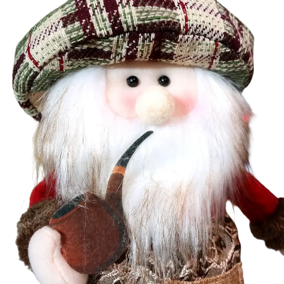 A nordic christmas gnome plush figurine with a long white beard and a green and maroon plaid hat