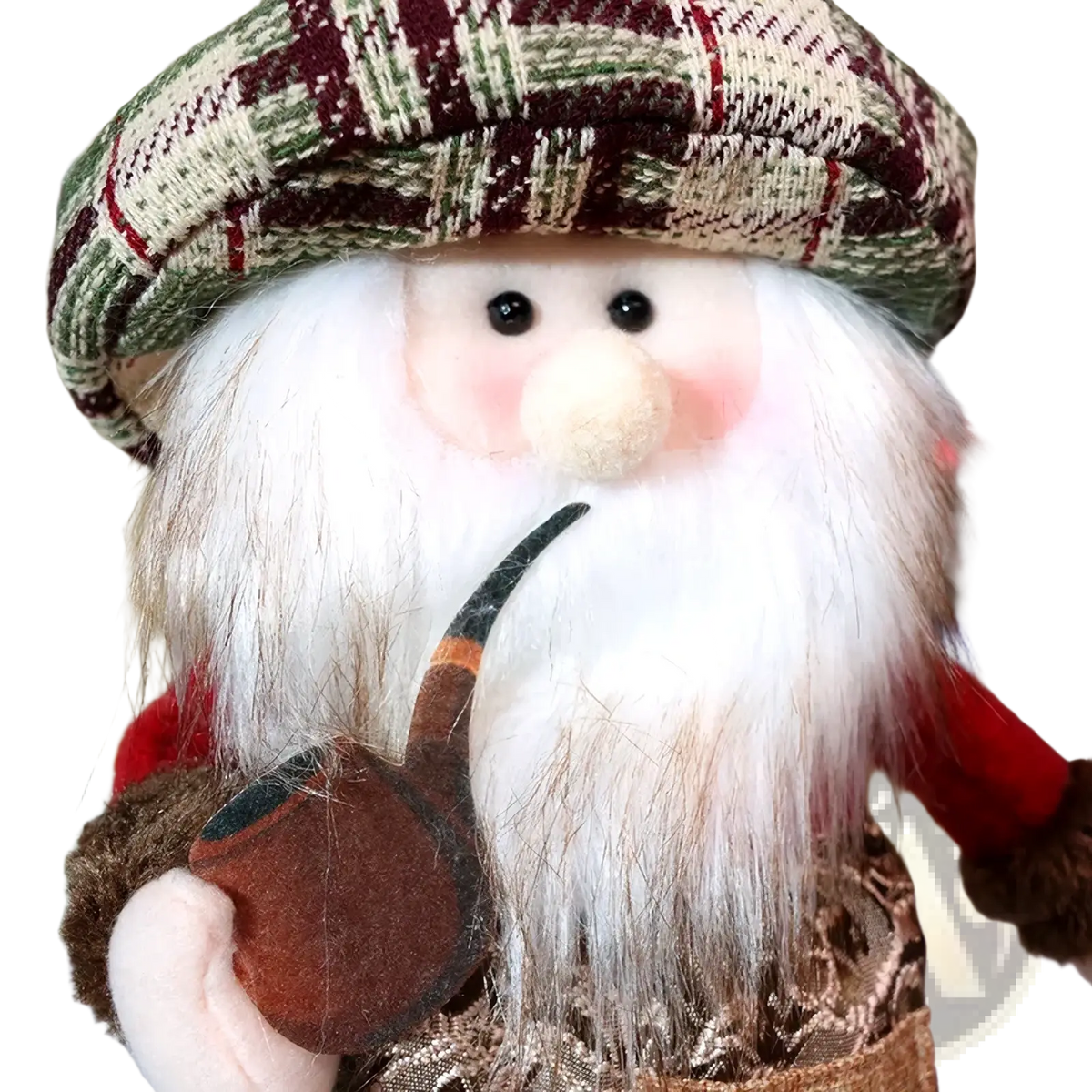 A nordic christmas gnome plush figurine with a white fluffy beard tan nose and maroon green beige plaid hat