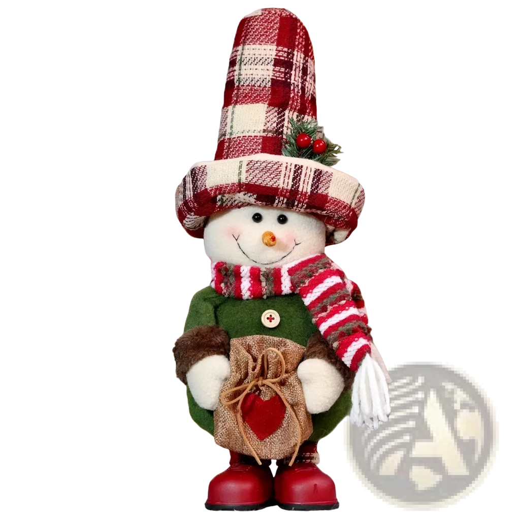 A festive nordic christmas gnome plush figurine dressed in green coat red beige plaid hat and holding a burlap sack