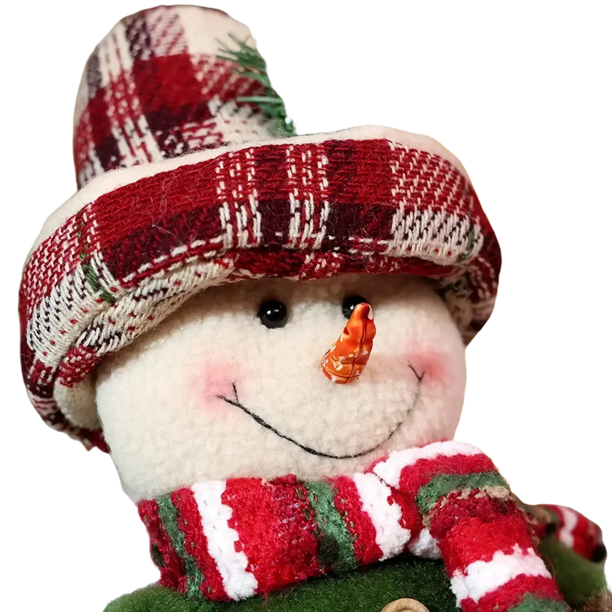 A plush nordic christmas gnome figurine with a red and white plaid hat, striped scarf, and carrot nose for holiday decor