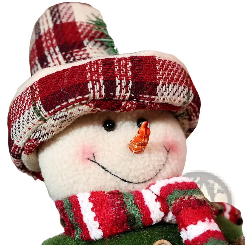 A plush nordic christmas gnome figurine with a red and white plaid knit hat, striped scarf, and orange carrot nose