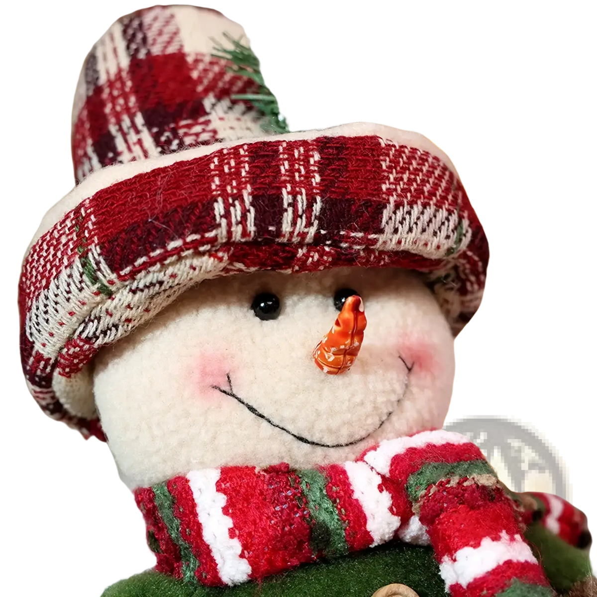 A plush nordic christmas gnome figurine with a red and white plaid knit hat, striped scarf, and orange carrot nose
