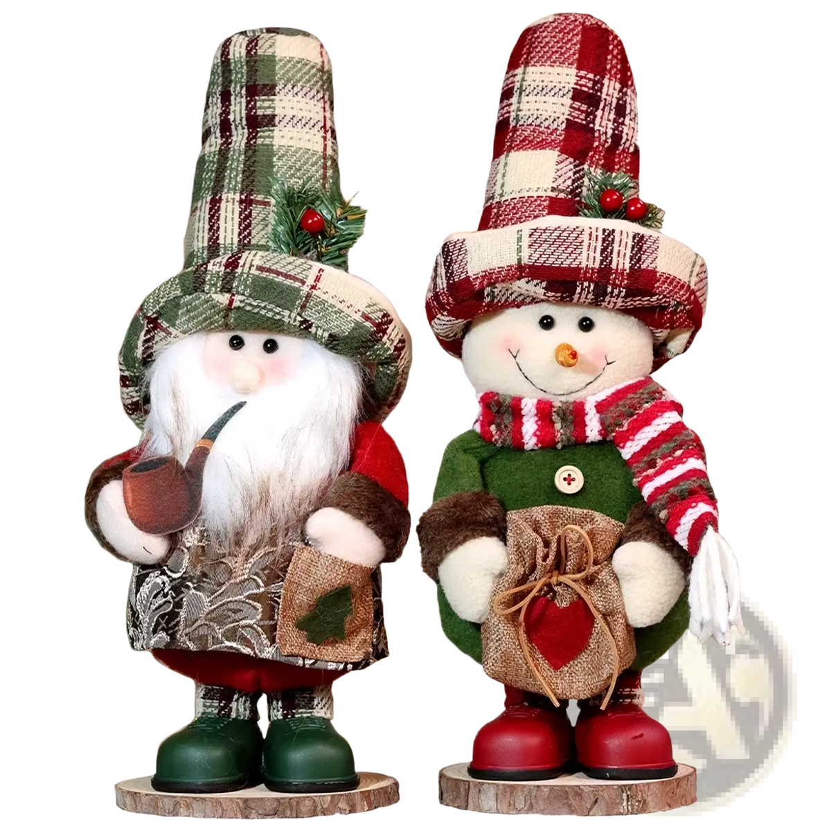 Two festive Nordic Christmas gnome plush figurines featuring a santa in red coat and a snowman in plaid hat and scarf