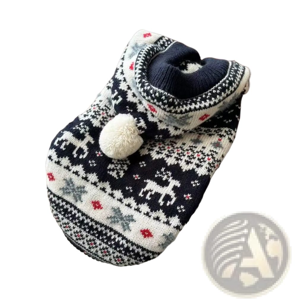 Black and white knitted Nordic knit dog sweater with reindeer snowflake patterns and cream pom-pom for winter warmth