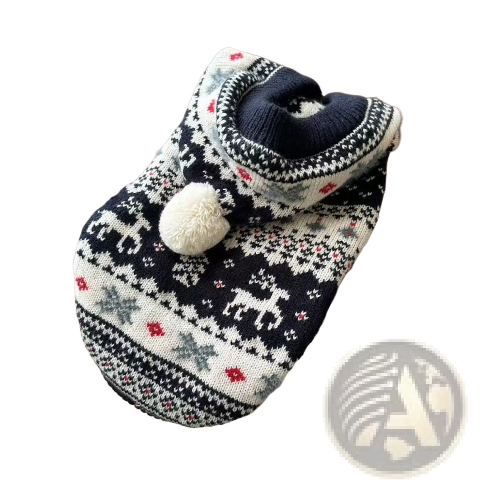 Black and white knitted Nordic knit dog sweater with reindeer snowflake patterns and cream pom-pom for winter warmth