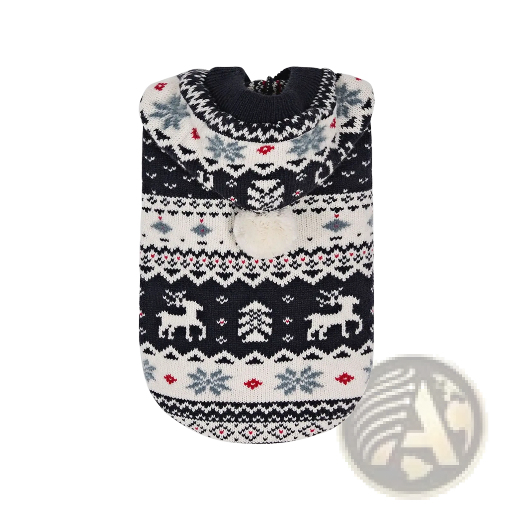 Black and white nordic knit dog sweater with red festive reindeer snowflake tree patterns and a central fluffy pom-pom