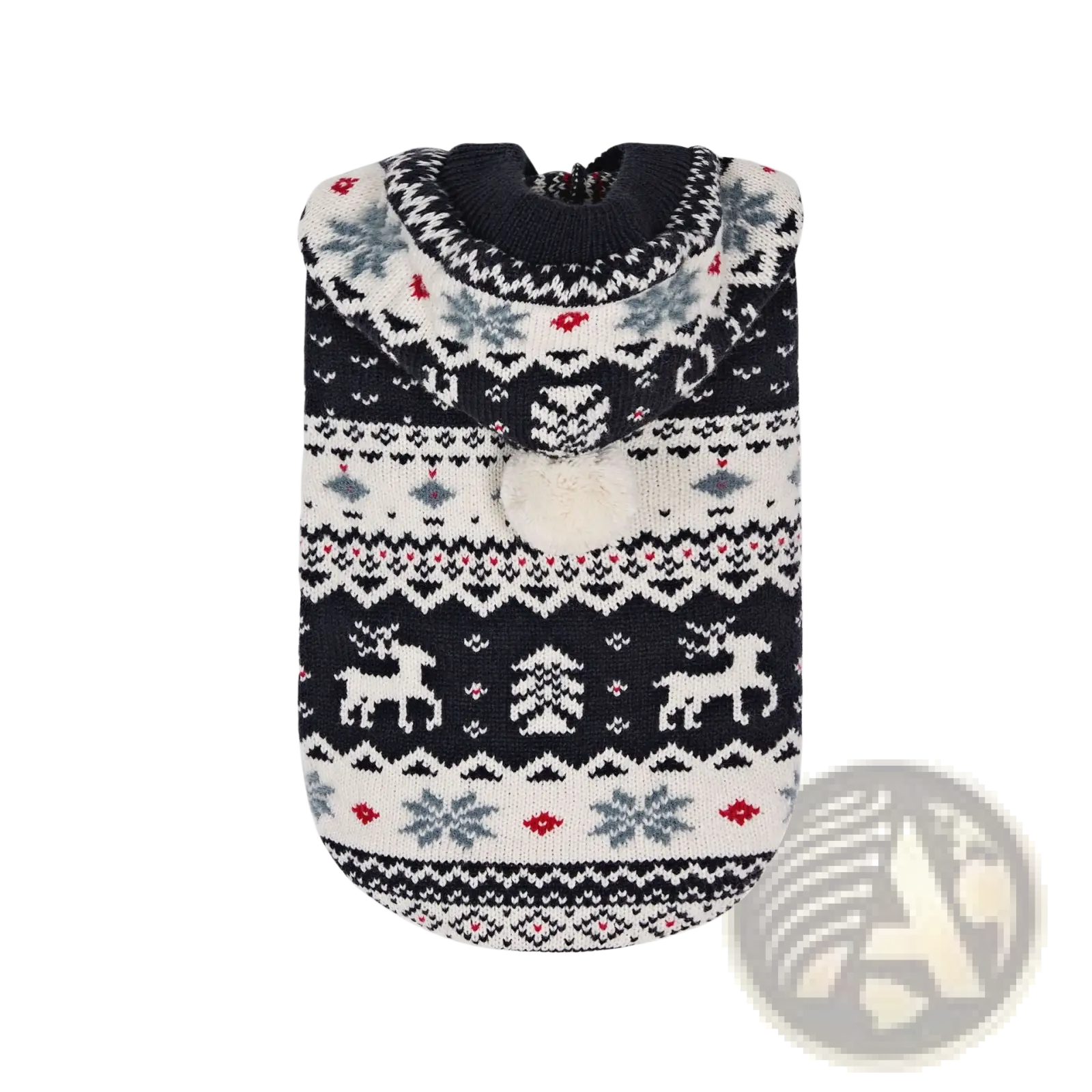 Black and white nordic knit dog sweater with red festive reindeer snowflake tree patterns and a central fluffy pom-pom