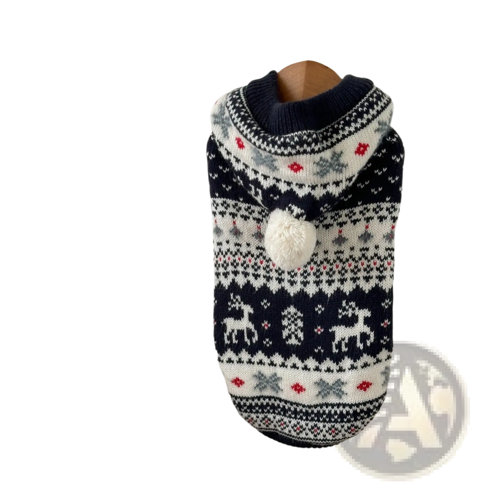 Navy blue and white knitted nordic knit dog sweater with red and gray festive patterns and fluffy pom-pom hood