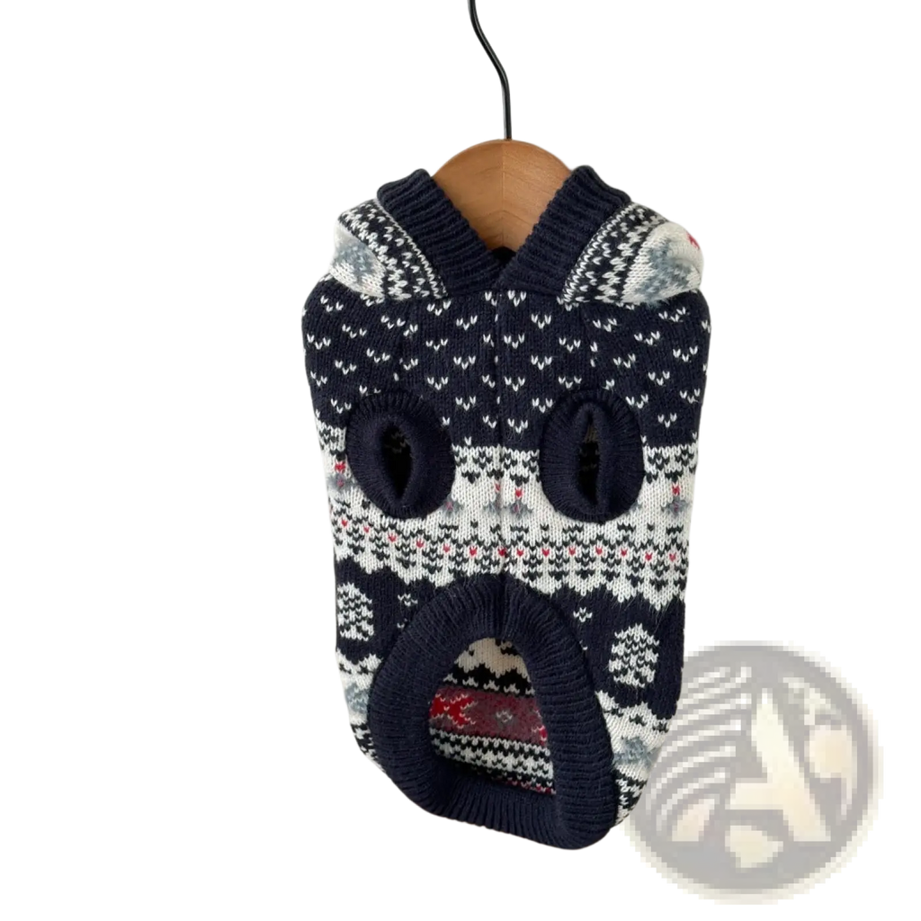 Navy blue and white knitted Nordic knit dog sweater with playful face design and gray paw details for winter warmth