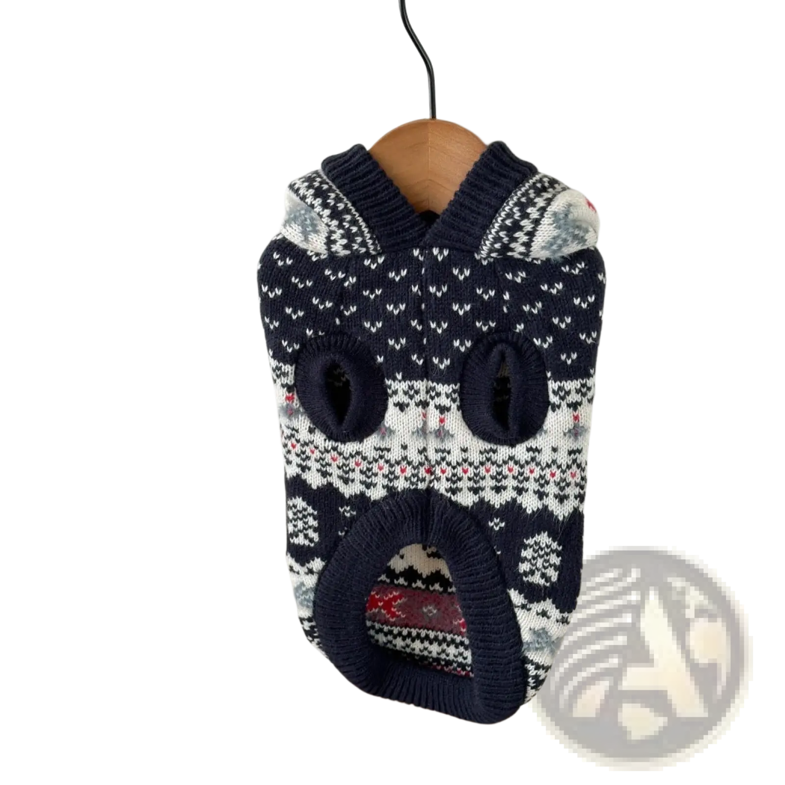Navy blue and white knitted Nordic knit dog sweater with playful face design and gray paw details for winter warmth