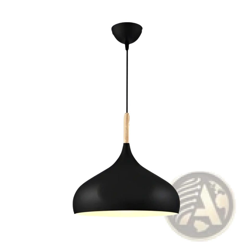 Black matte Nordic Macaron led pendant light with teardrop shade and wooden accent at suspension point