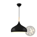 Black matte Nordic Macaron led pendant light with teardrop shade and wooden accent at suspension point