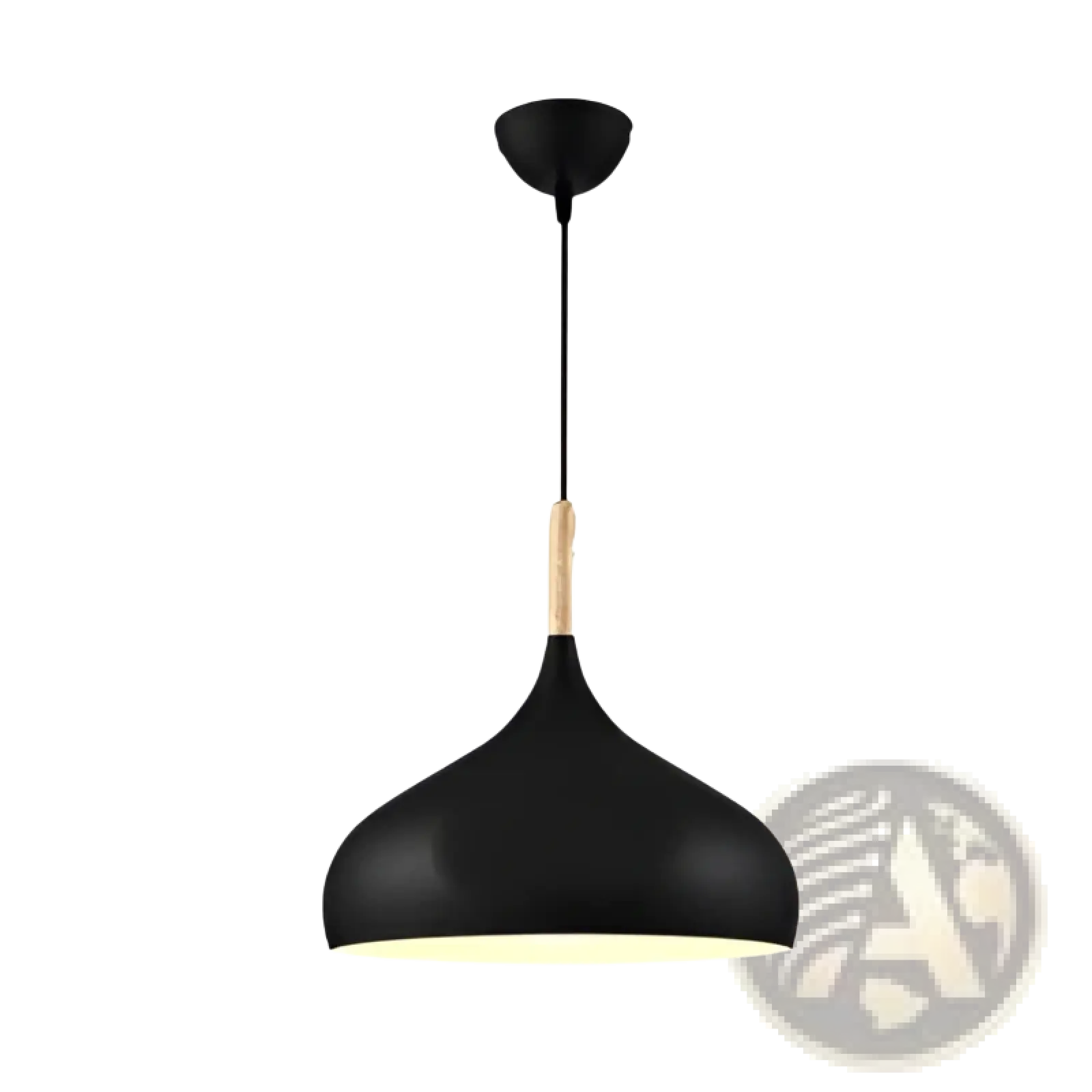 Black matte Nordic Macaron led pendant light with teardrop shade and wooden accent at suspension point