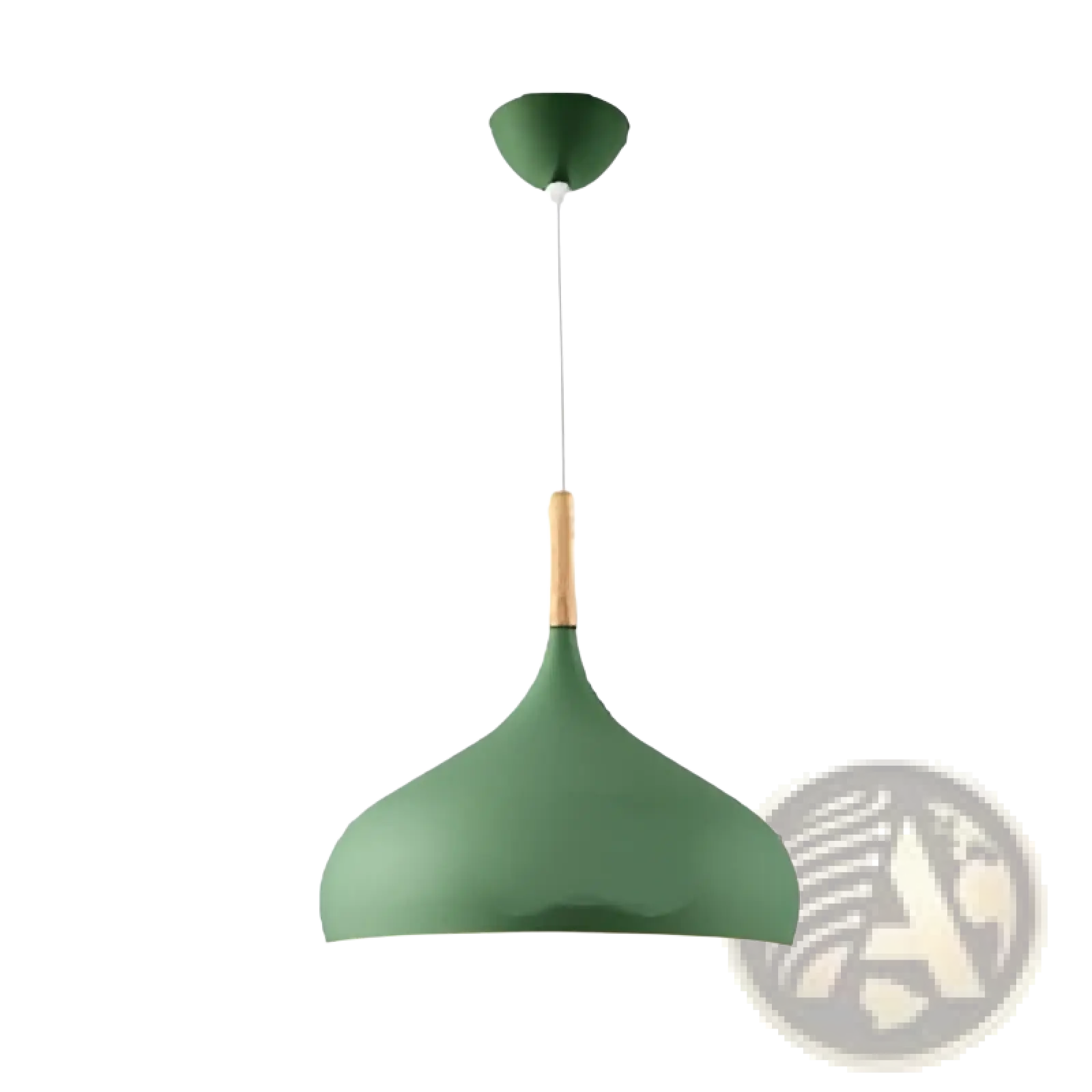 A sleek matte green nordic macaron led pendant light with smooth teardrop shade and wooden accent suspension point