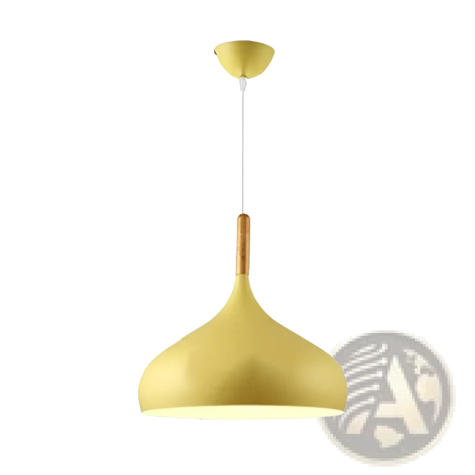 Yellow metallic nordic macaron led pendant light with wooden accent designed for modern interior lighting