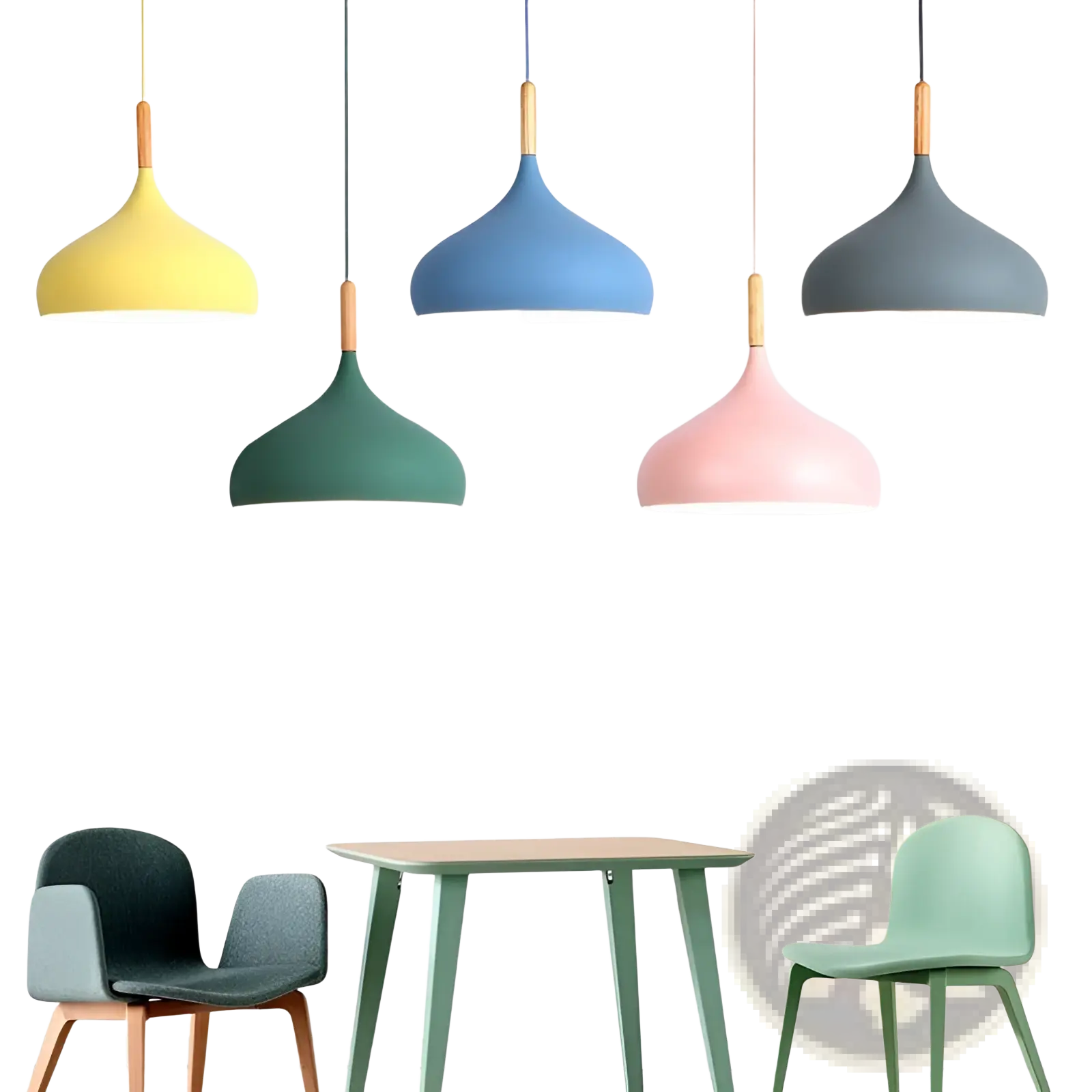 Nordic macaron led pendant lights in pastel colors with wood accents hang above a minimalist dining table