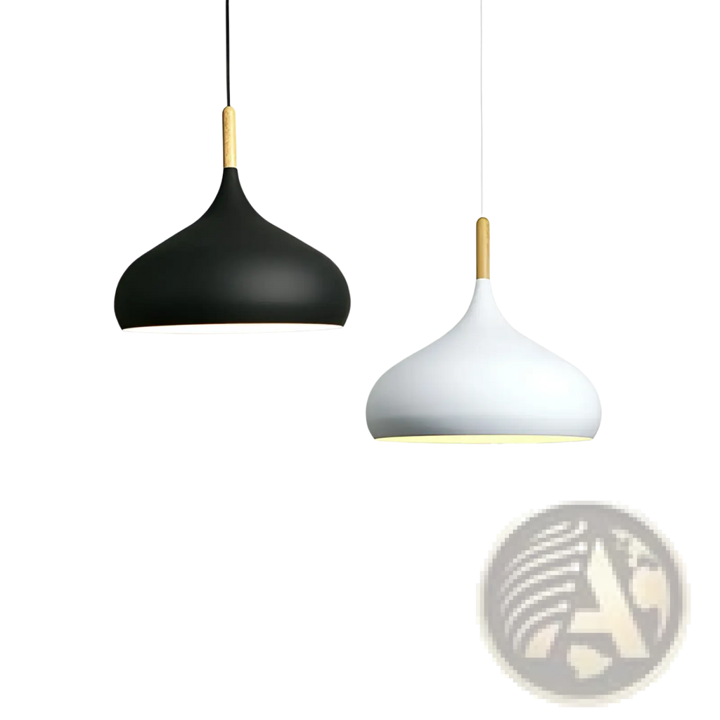 Two nordic macaron led pendant lights in matte black and white with sleek teardrop shape and gold wood accent top
