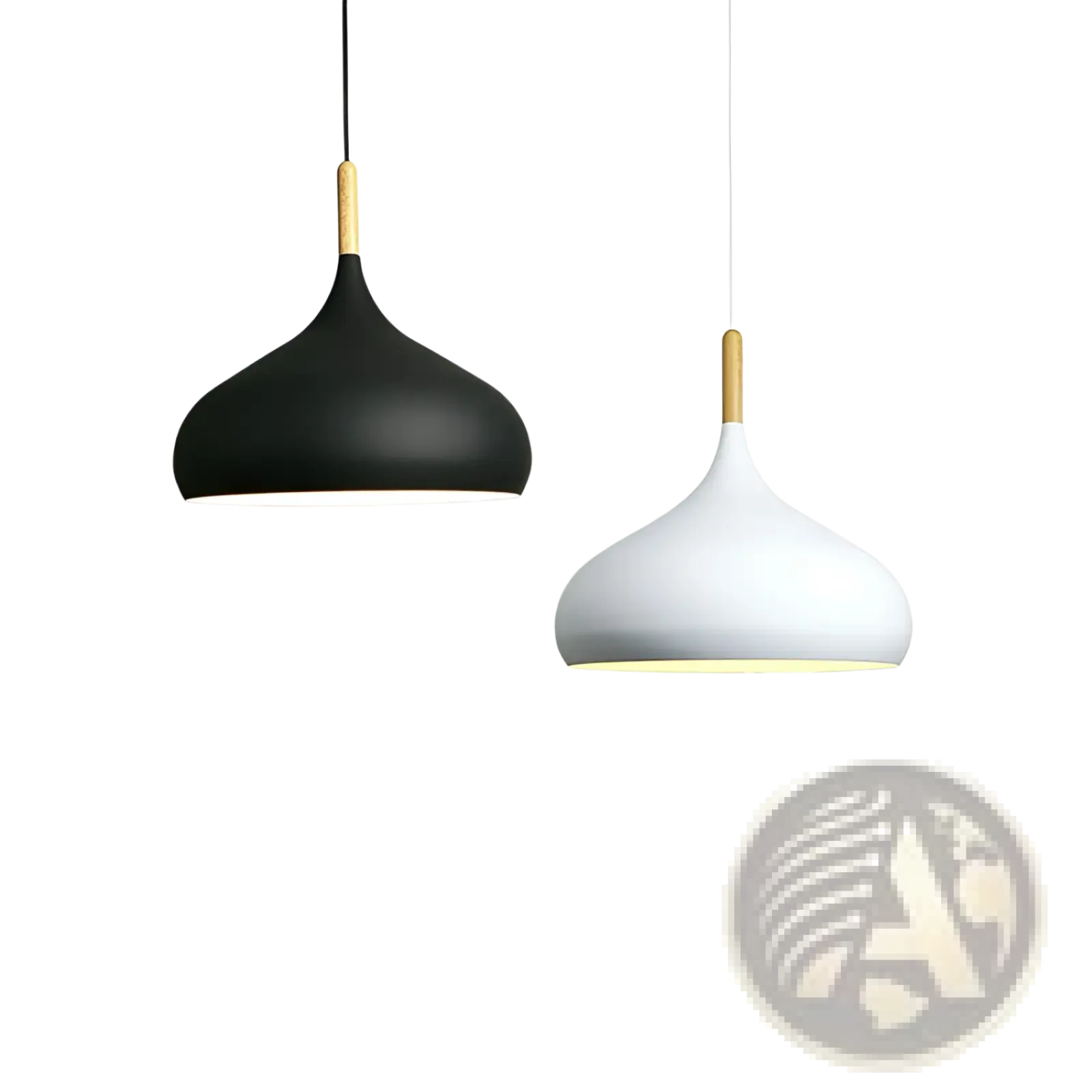 Two nordic macaron led pendant lights in matte black and white with sleek teardrop shape and gold wood accent top
