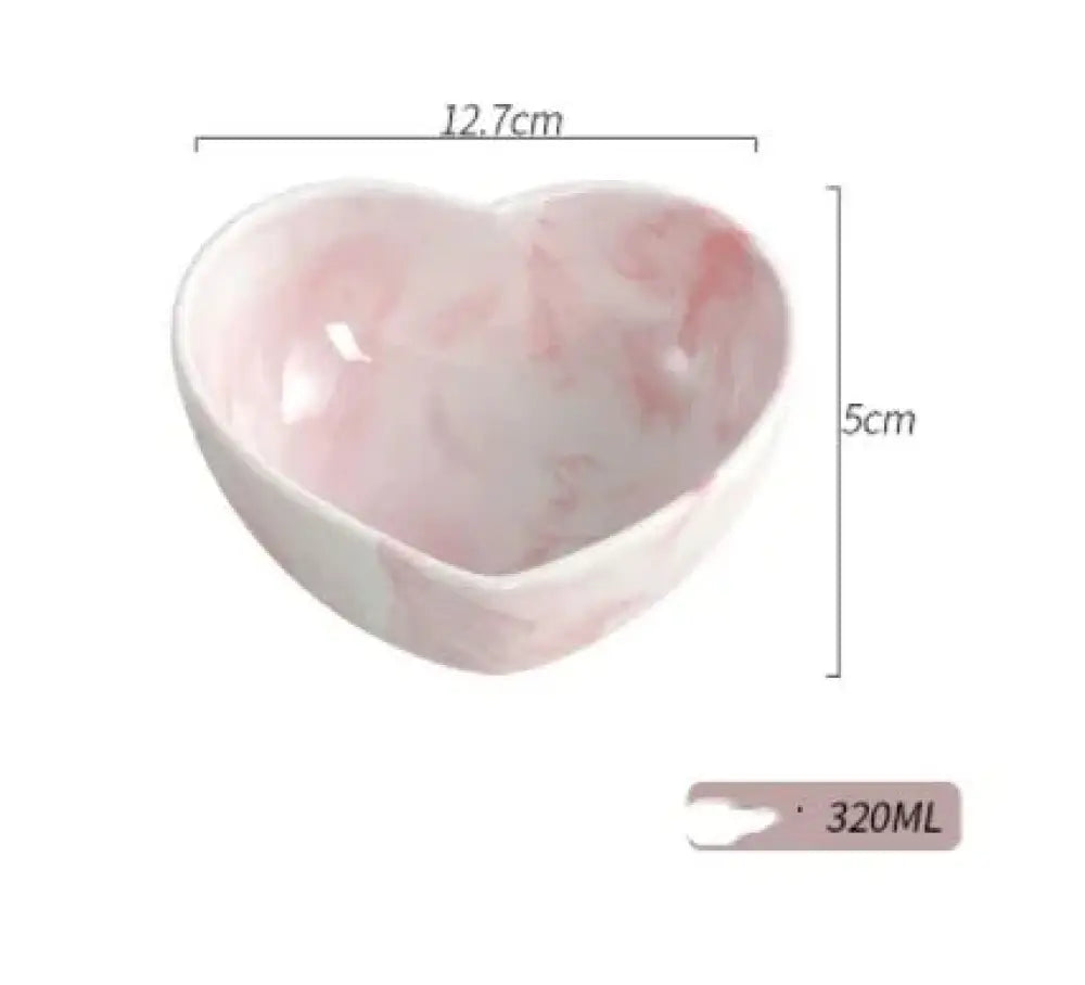A delicate pink marble heart-shaped ceramic bowl with glossy finish and 320ml capacity from Nordic Marbled Heart set