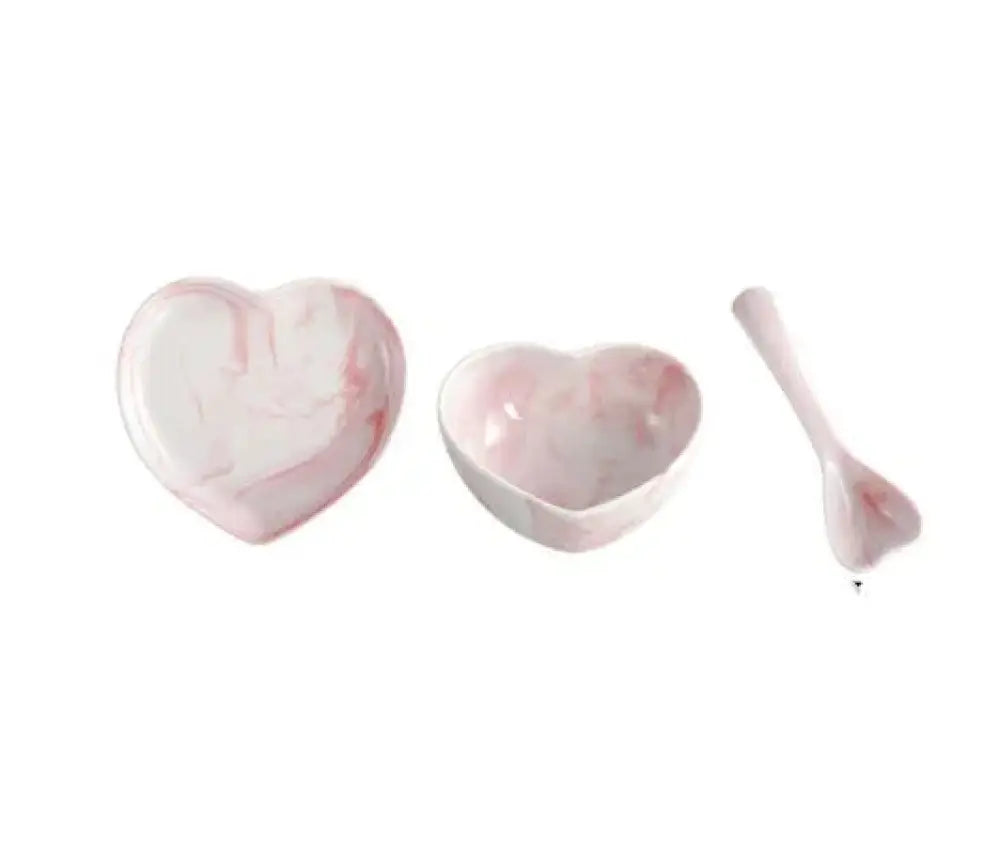 Set of three heart-shaped ceramic dessert bowls and spoon with soft pink marble pattern from Nordic marbled heart set