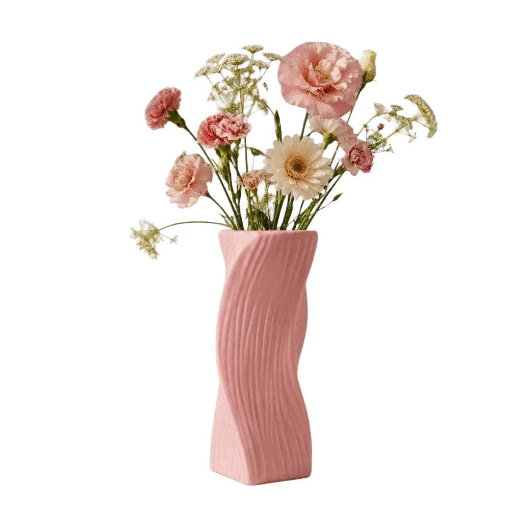 A pink ceramic nordic wave plastic flower vase with wavy ribbed design holding soft pink and white flowers