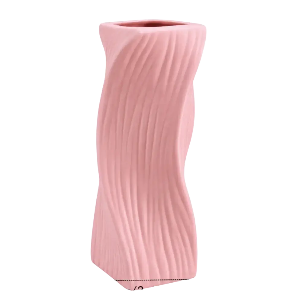 Nordic wave plastic flower vase featuring a sleek pink ceramic twisted design with vertical ridges for home decor