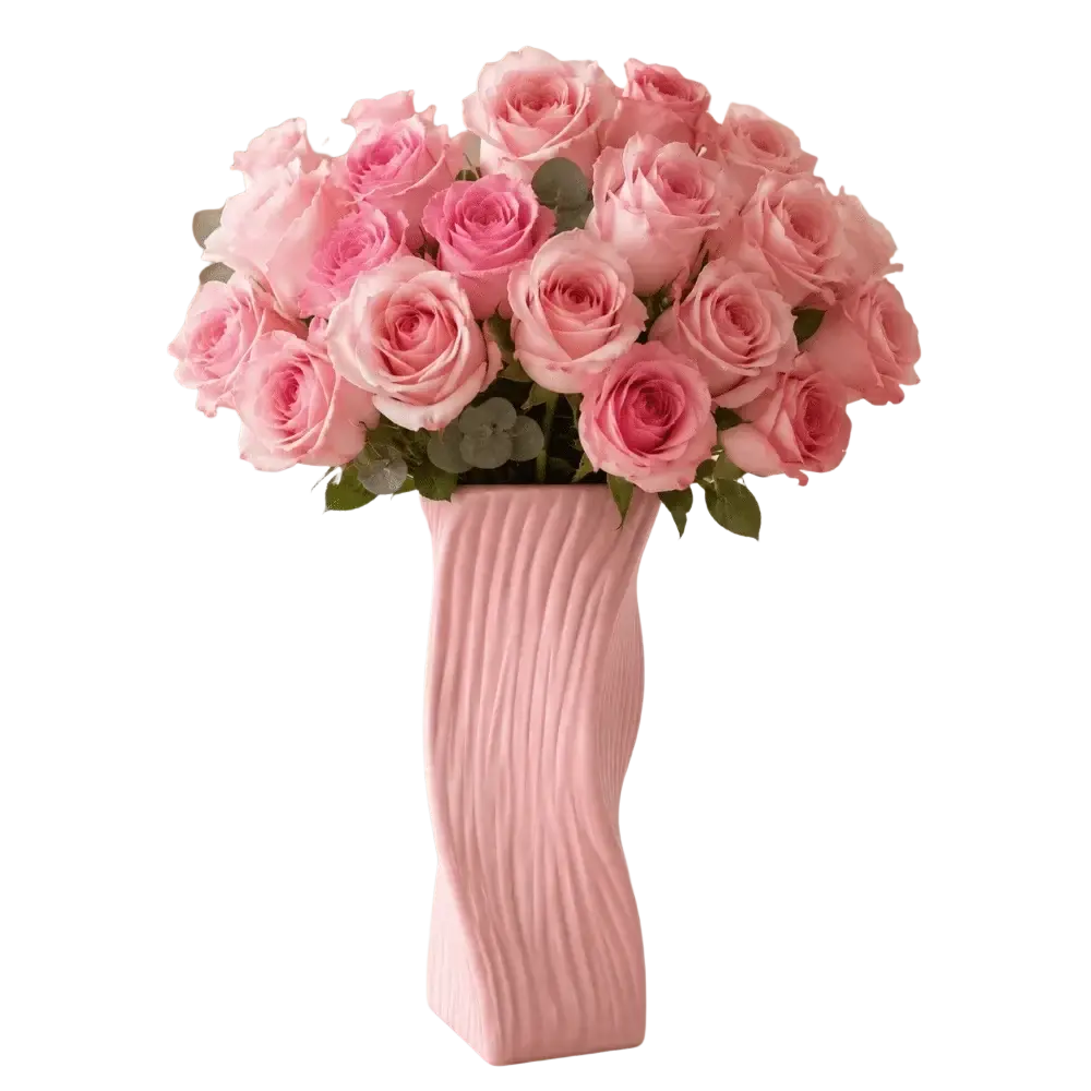 A tall slender pink ceramic Nordic wave plastic flower vase with wavy ribbed texture holding soft pink roses