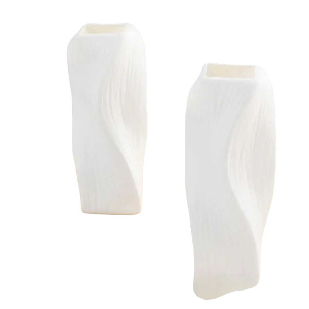 Two sleek white ceramic nordic wave plastic flower vases with wave-like sculpted sides and square tops for home decor