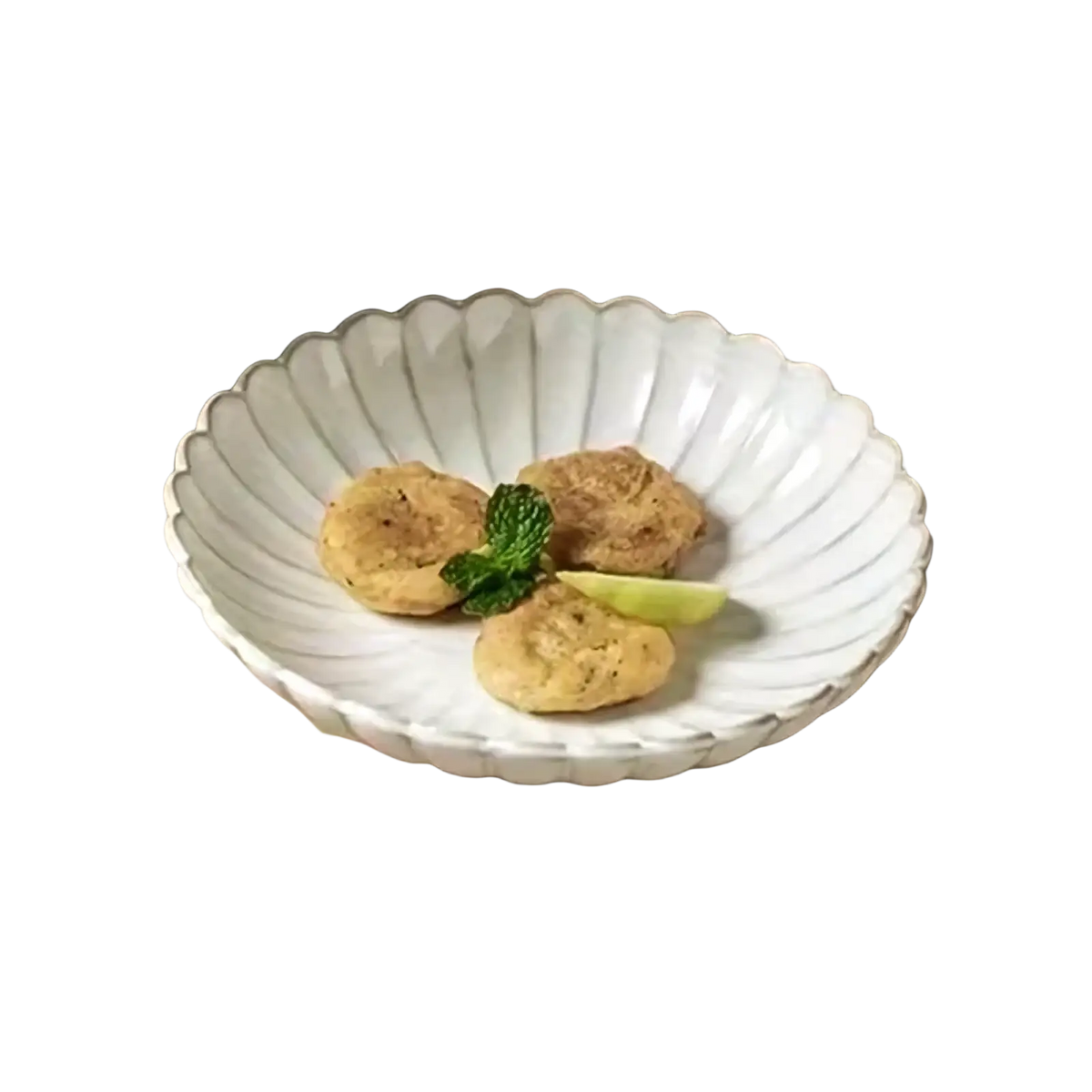Nordic white ceramic scalloped dinner plate with subtle vertical ridges and kemorela brand logo on the front side