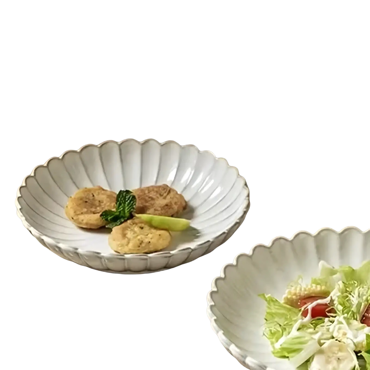 Nordic white ceramic scalloped dinner plate with subtle ridged texture featuring Kemorela brand logo