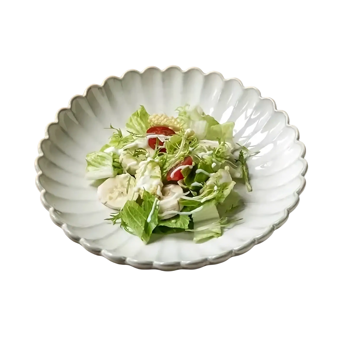 White ceramic salad bowl with scalloped edge design from the nordic white ceramic scalloped dinner plate collection