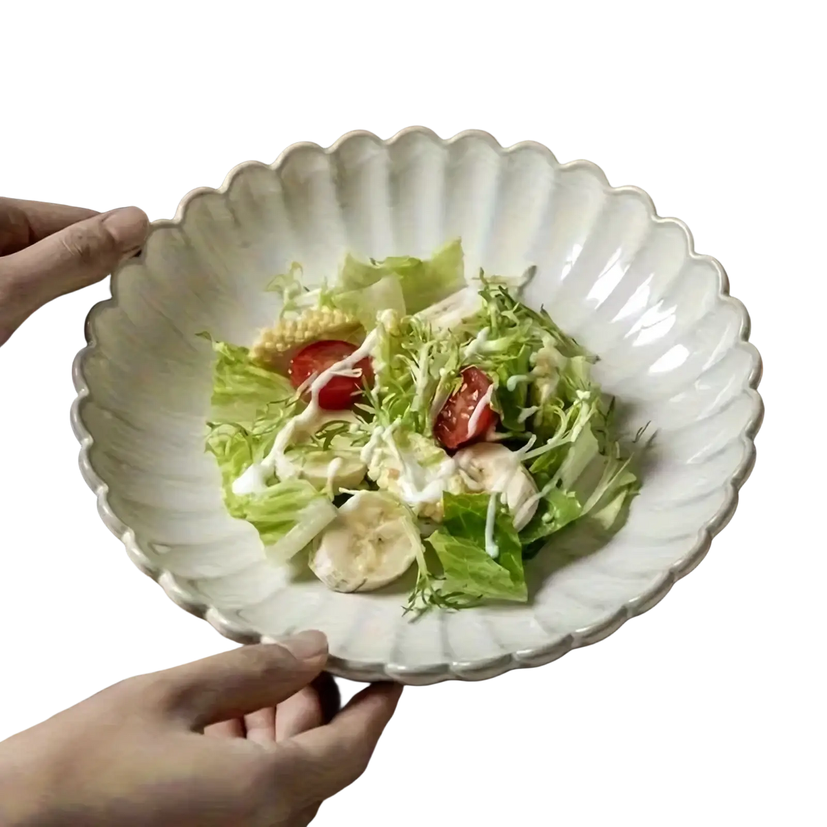 A white ceramic scalloped salad bowl with vertical ridges and kemorela logo, matching the Nordic White dinner plate