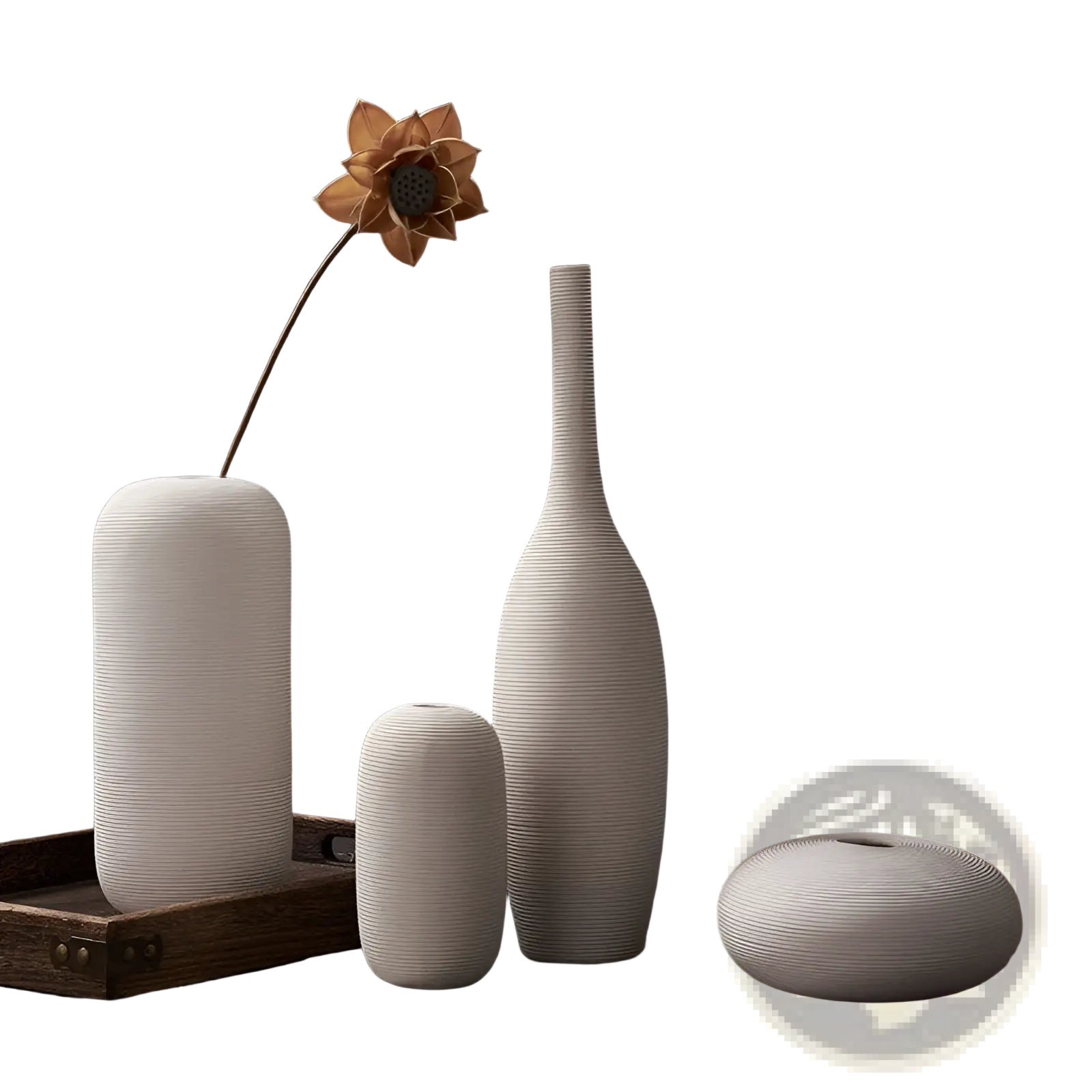 Nordic white ribbed ceramic vases in varying heights and shapes with vertical texture for modern home decor