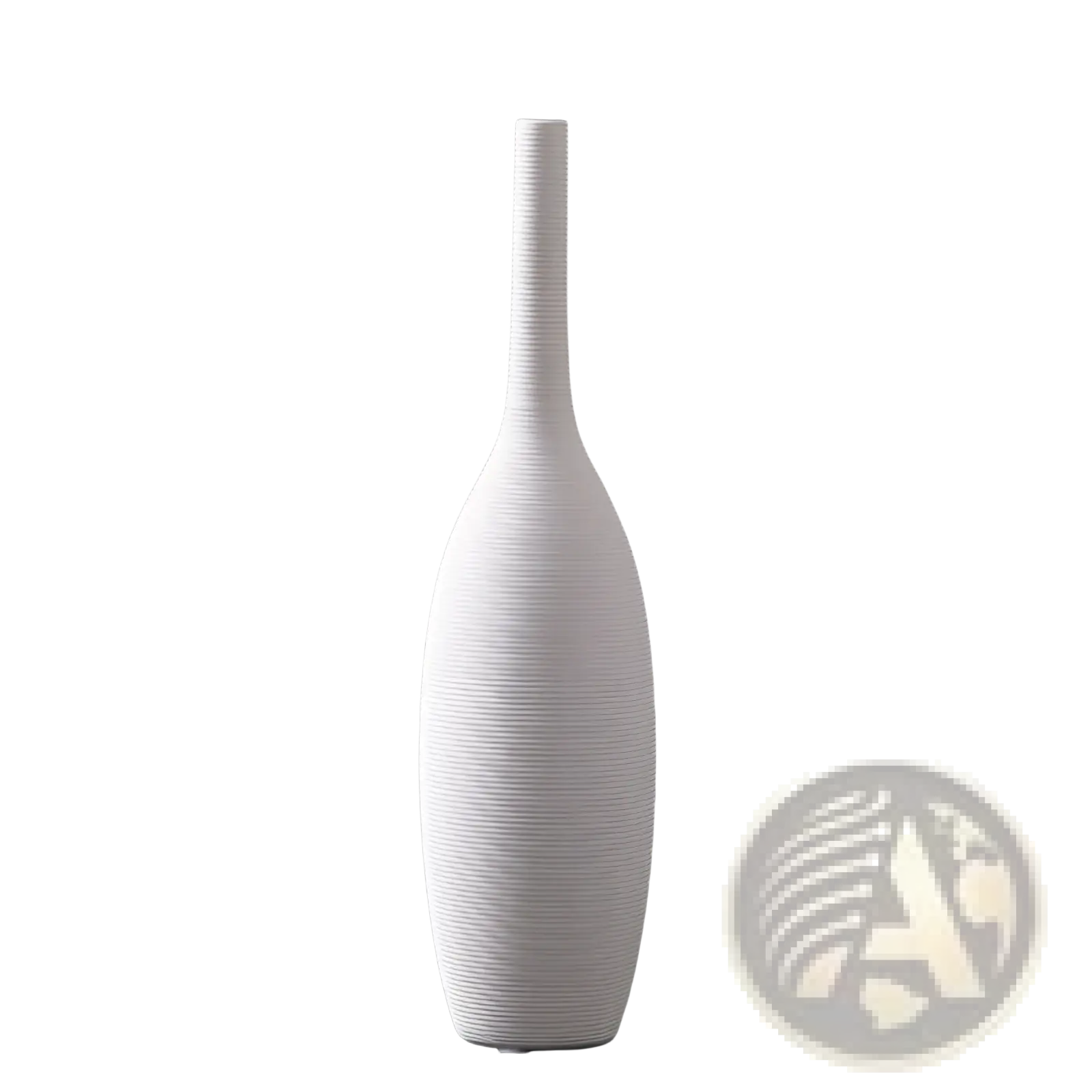 A tall slender white ceramic vase with ribbed texture and elongated neck for modern Nordic home decor