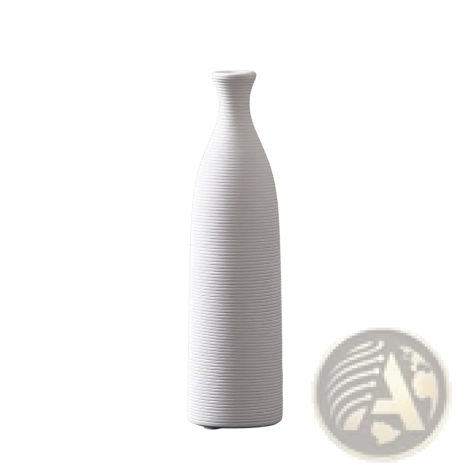 A tall slender white ribbed ceramic vase with a narrow neck for modern nordic home decor