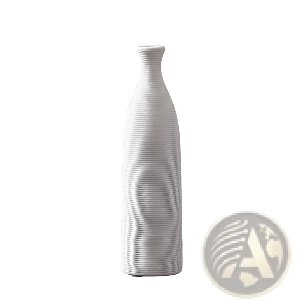A tall slender white ribbed ceramic vase with a narrow neck for modern nordic home decor