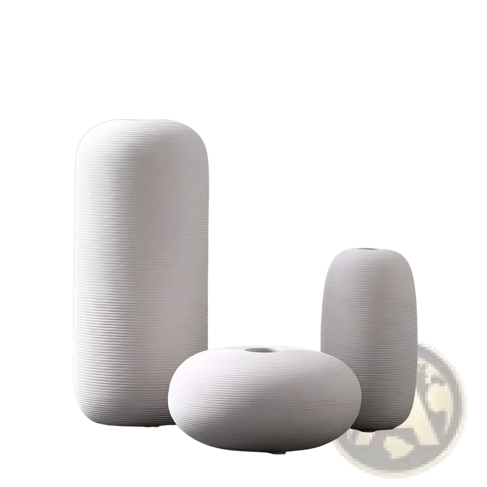 Three minimalist white ceramic vases with subtle vertical ribbed texture for modern nordic home decor
