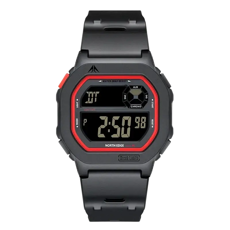 North edge black digital watch with red accents made of abs plastic includes battery and is 50m waterproof