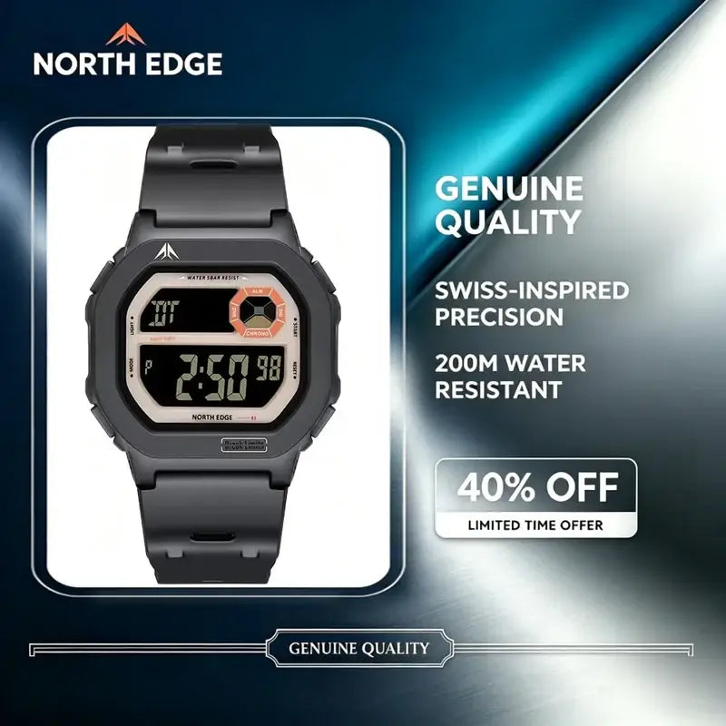 North edge digital watch with abs plastic case, black matte finish, orange buttons, battery included, 50m waterproof