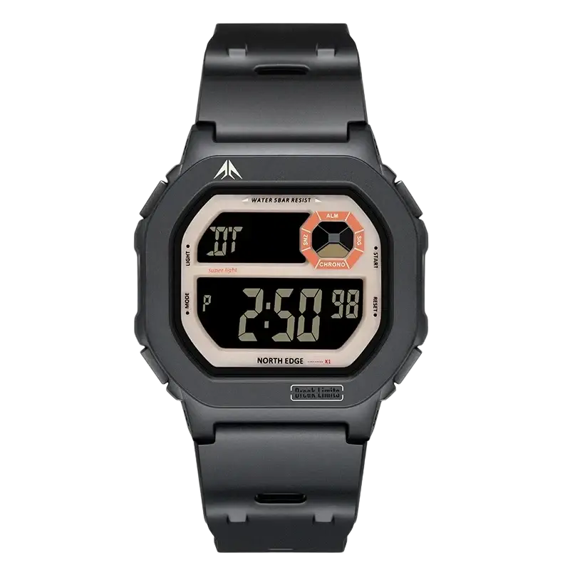 Black north edge digital watch with rugged rectangular abs plastic case and strap battery included 50m waterproof
